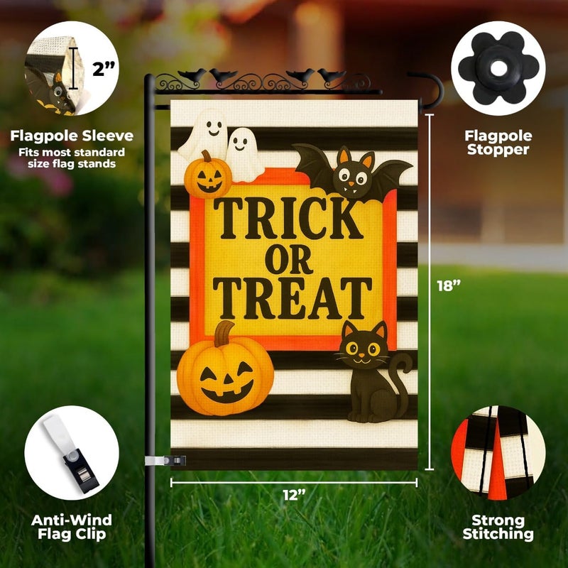KarvePro Halloween Garden Flag 12x18 Double Sided – Trick or Treat Yard Flag with Pumpkins, Ghosts, Bat, Cat – Fall Outdoor Burlap Halloween Flag for Garden or Lawn - Image 3